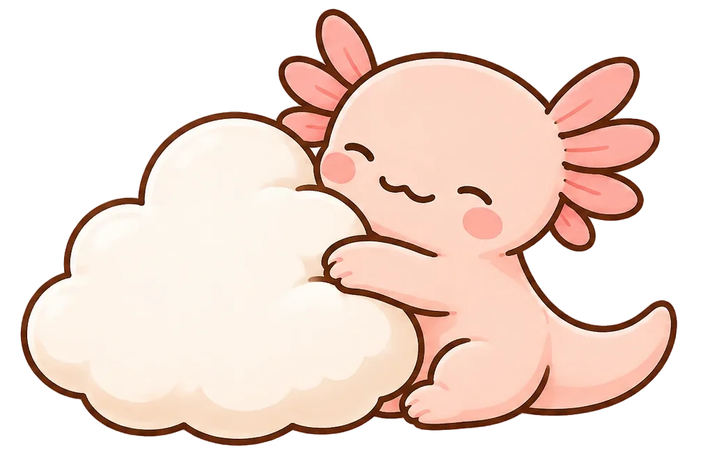 Ilustración de un ajolote Kunibo descansando en una nube